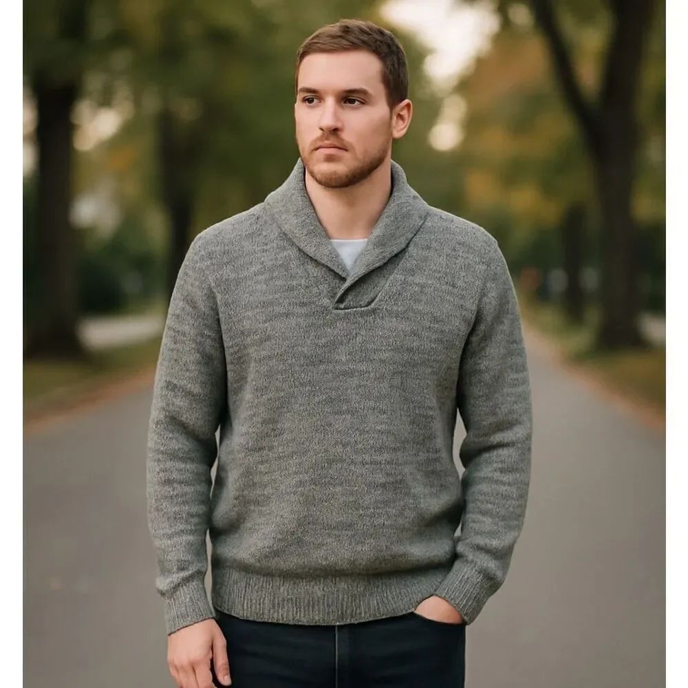 Weatherproof Vintage Chunky Knit Shawl Collar Pullover Sweater Gray Marled Men’s